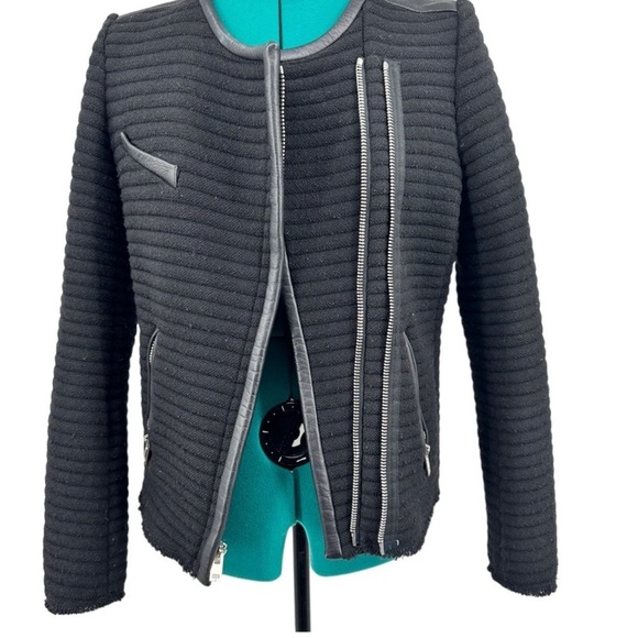 IRO Wool Blend Boucle Maiden Raw Hem Quilted Leather Trim Biker Jacket in Black - Picture 7 of 11